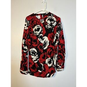 flora kung‎ 100% silk Blouse Long Sleeve Red/black Floral Sz 6 Feminine Office